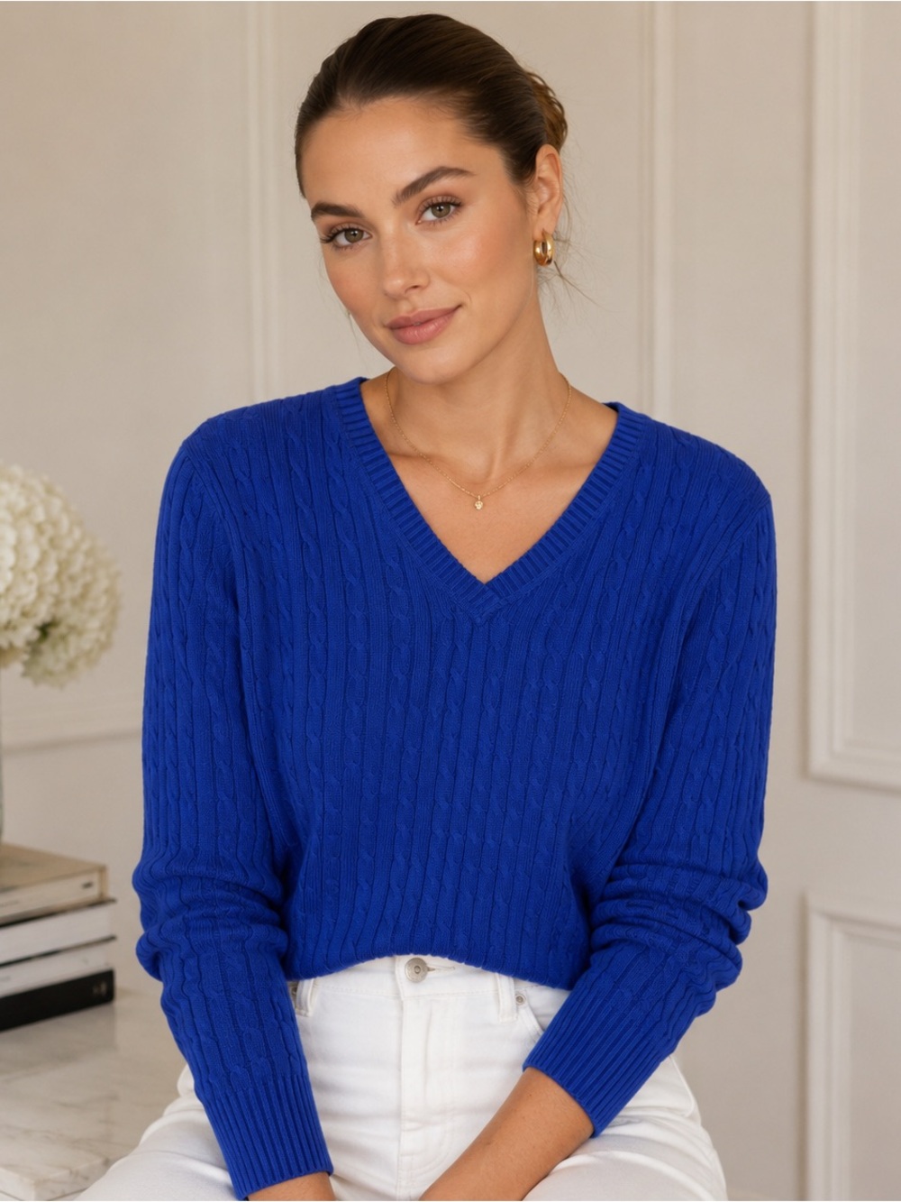Jones New York Blue Cable Knit V-Neck Sweater | Petite XL Cotton Cashmere Blend